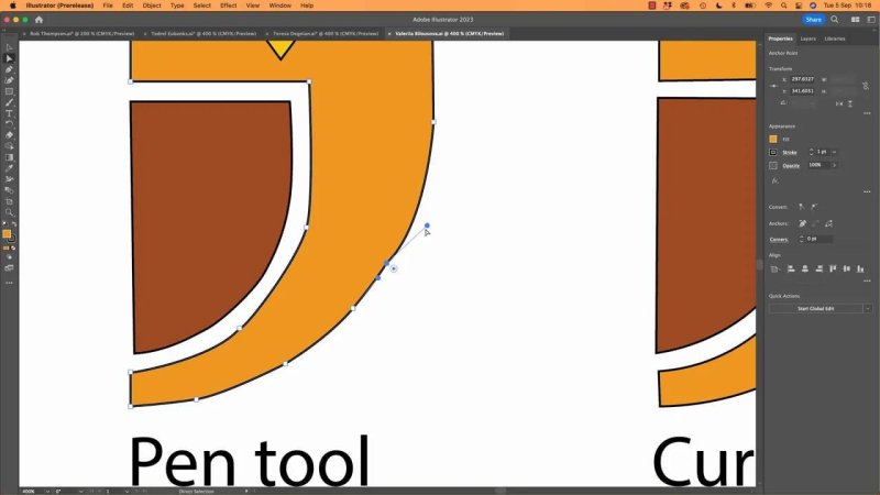 Illustrator canvas zoomed in to 400% showing the lower-right flank of the Pen Tool owl, highlighting an extended blue direction line and anchor handle along the outer curved stroke