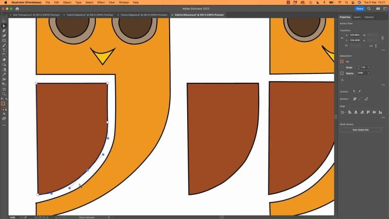 Illustrator artboard zoomed to 400% showing a brown wing shape selected with the Direct Selection tool, revealing multiple anchor points conforming along the inner curved arc