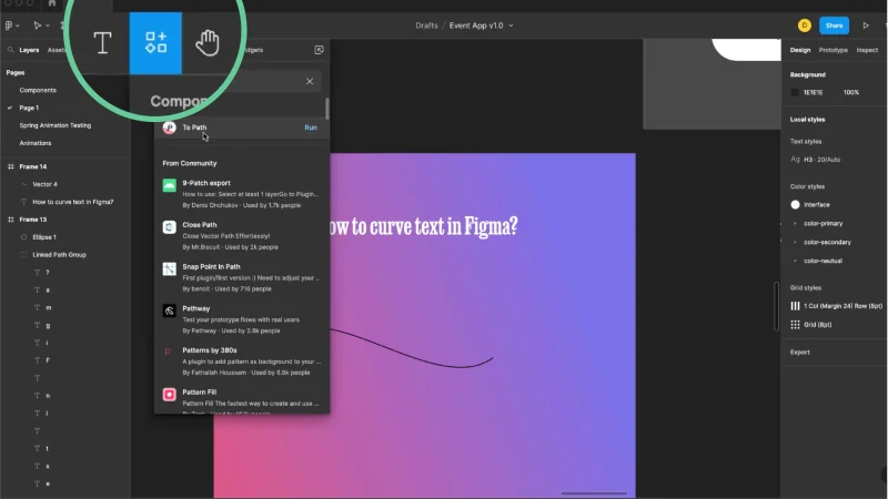 Screen shot of Figma screen with Plugin button selected.