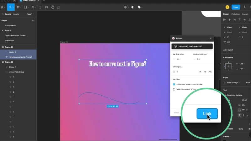 Screenshot of Figma screen with detail of Link button