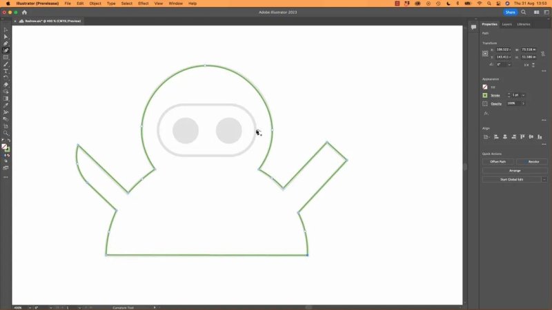 Adobe Illustrator artboard using the Curvature tool to trace smooth curves and straight segments around a cartoon character outline.