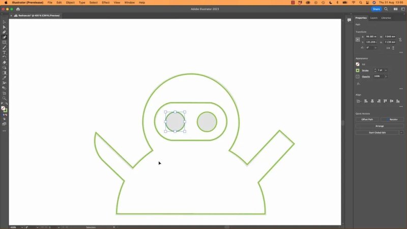 Adobe Illustrator canvas showing circular eye shapes and a rounded visor element aligned within the character’s head outline.
