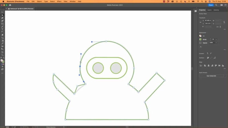 Adobe Illustrator artboard displaying direction handles and anchor points selected with the Direct Selection tool along the character's curved head path.