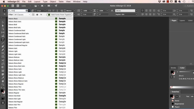 InDesign application window with the font family dropdown open in the Control panel, displaying available cuts and weights for the Roboto font family.