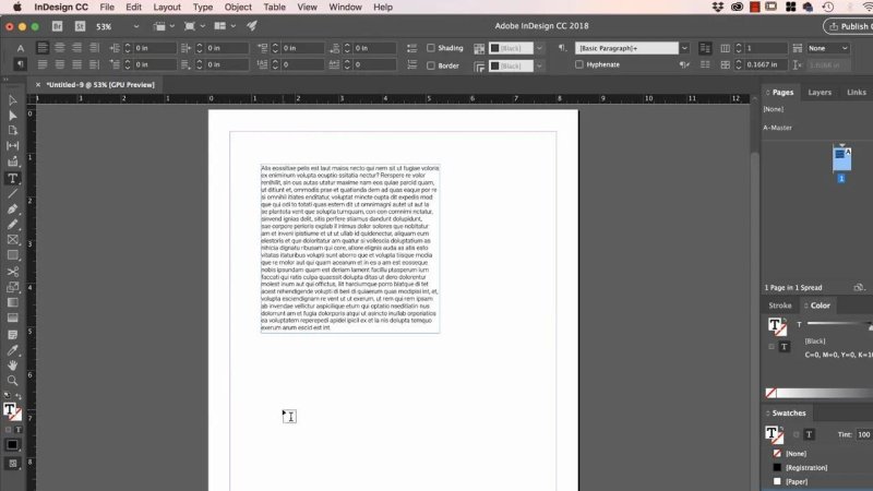 InDesign document page featuring a single column of placeholder body text in the upper left, with the Type tool active below the text block.