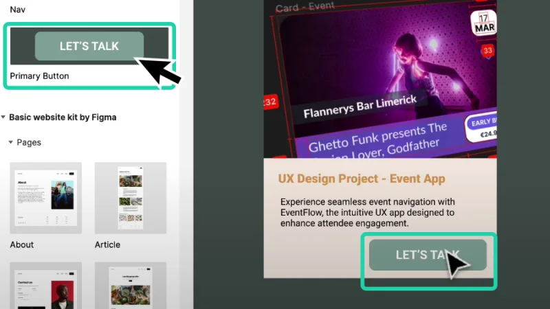 placing a new button component instance inside a frame in figma