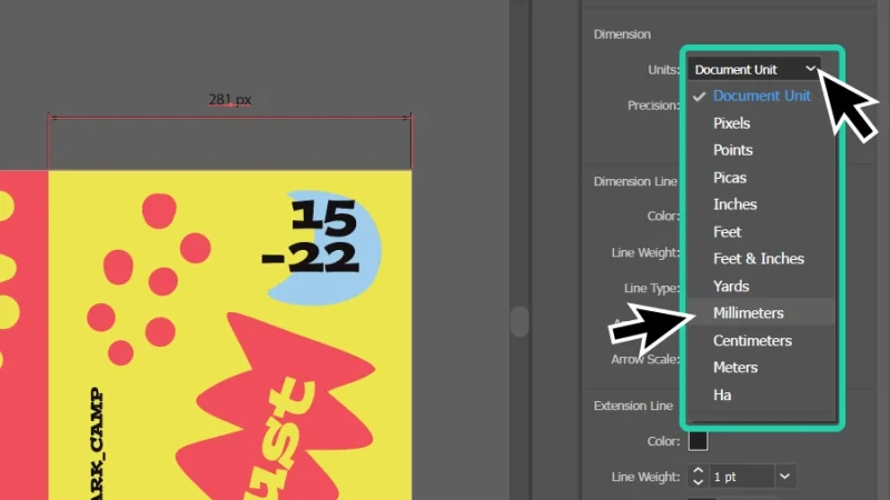 dimension units drop box window in adobe illustrator