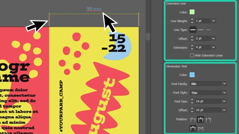 new colors and text style applied to linear dimension guide in adobe illustrator