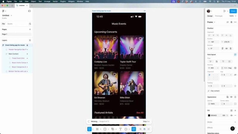 Figma workspace displaying an iPhone frame with AI-generated concert event listings for artists including Coldplay and Taylor Swift, showing an active 