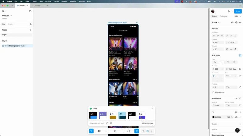 Figma interface displaying a full vertical mobile wireframe for a music app beside the 
