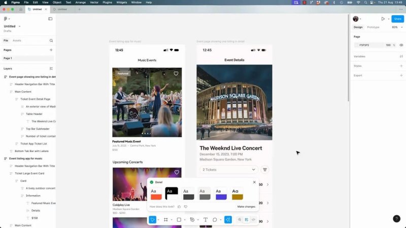 Figma canvas displaying two connected mobile UI screens—a music event discovery feed on the left and an 