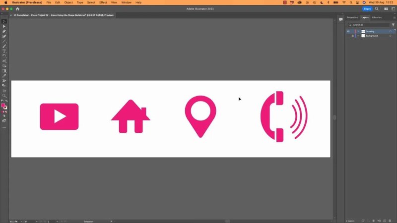 Adobe Illustrator artboard displaying four completed pink vector icons: a video play button, a house, a map pin, and a ringing telephone handset.