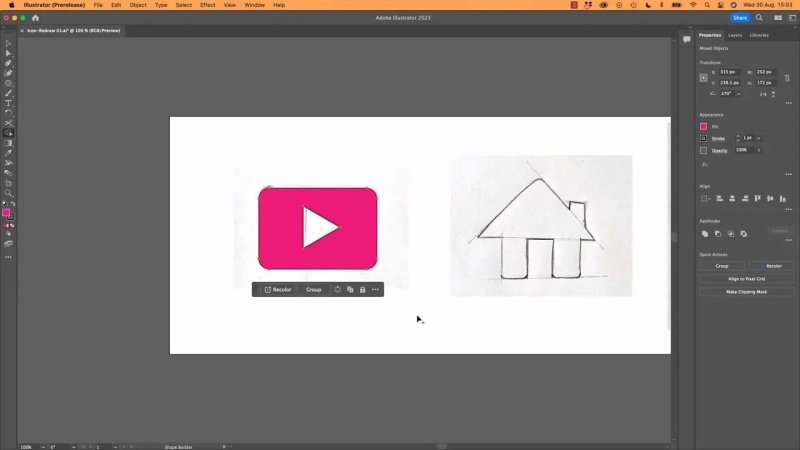 Adobe Illustrator artboard showing a completed vector video player icon placed beside a pencil sketch of a house icon.
