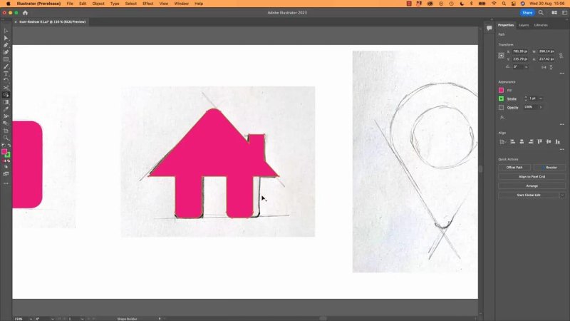Adobe Illustrator workspace using the Shape Builder tool to merge geometric segments and redraw a pink house icon over a pencil sketch guide.