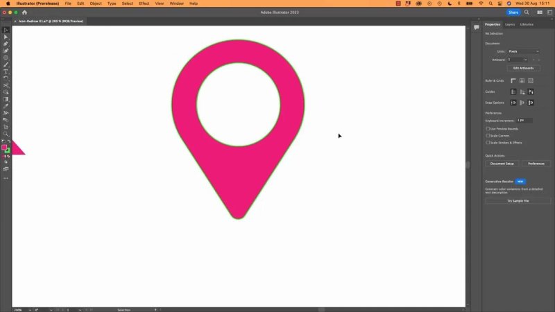 Adobe Illustrator artboard displaying a completed vector map pin icon with a circular cutout and pink fill.
