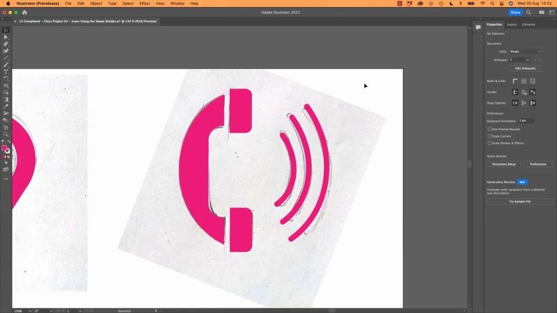 Adobe Illustrator workspace showing a redrawn pink telephone receiver icon with broadcast sound waves aligned over a hand-drawn sketch.