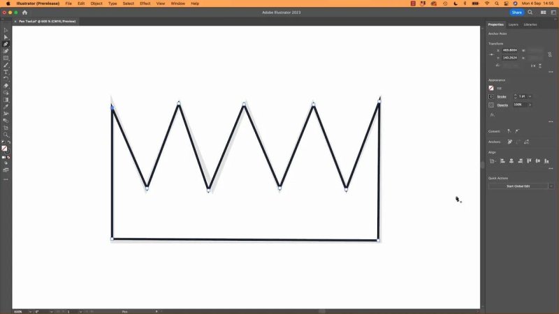 Adobe Illustrator 2023 interface showing a zig-zag crown pattern drawn with the Pen Tool, demonstrating how to place sharp corner anchor points without handles.