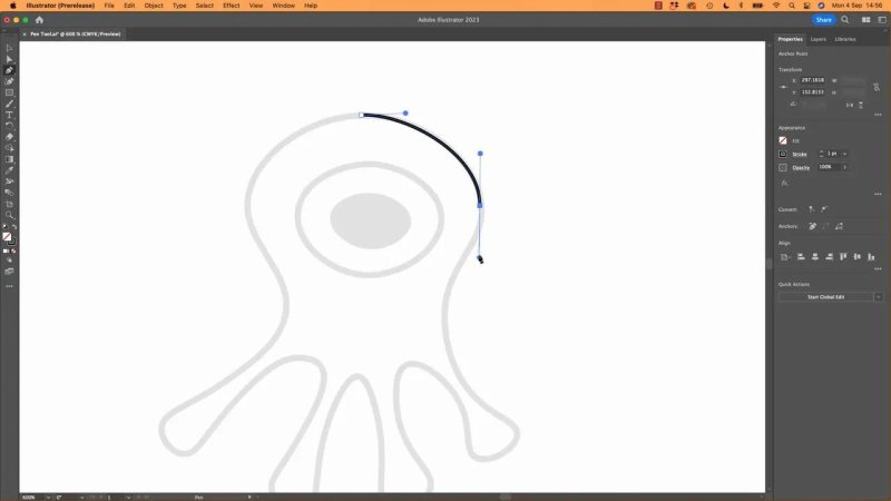 The Pen Tool in Adobe Illustrator tracing an organic octopus silhouette template, showing an active smooth anchor point with extending Bezier control handles.