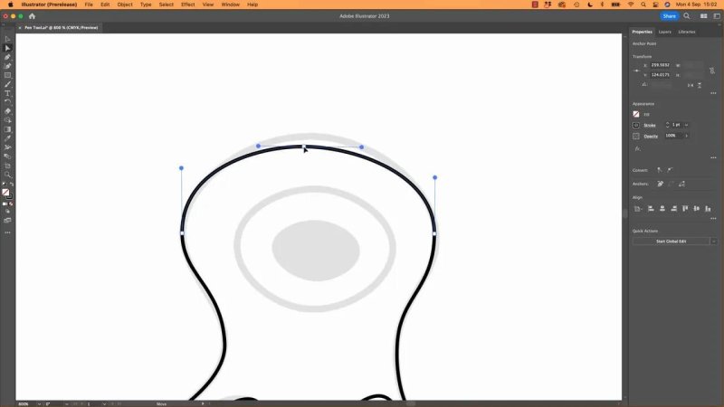 A close-up view of the Pen Tool workflow in Adobe Illustrator, demonstrating symmetrical Bezier handles defining a smooth curve over a character head template.