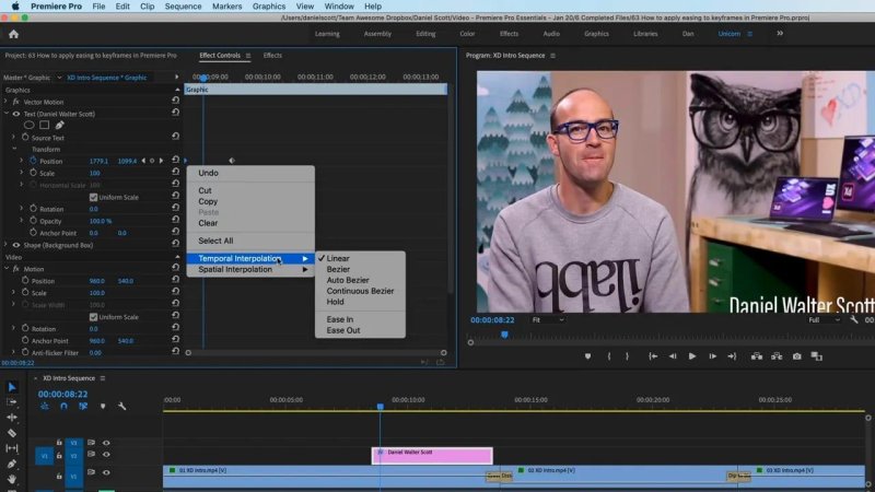 Premiere Pro Effect Controls panel showing a context menu on a Position keyframe, highlighting Temporal Interpolation set to Linear for a lower-third text layer.