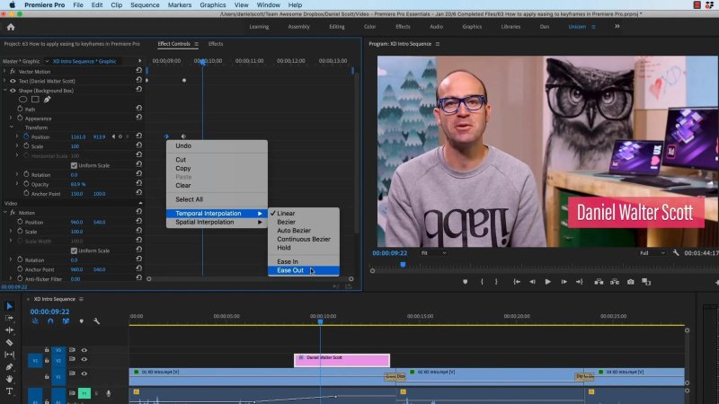Premiere Pro workspace selecting the 