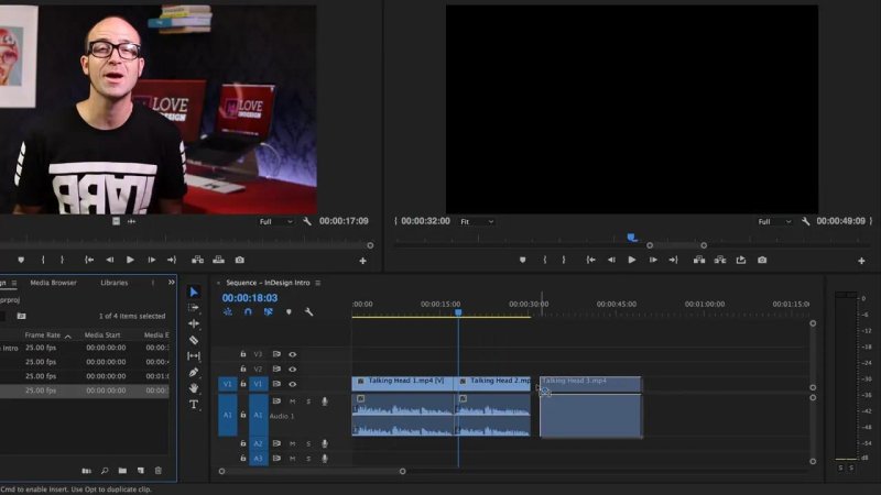Premiere Pro workspace performing a ripple trim to pull 