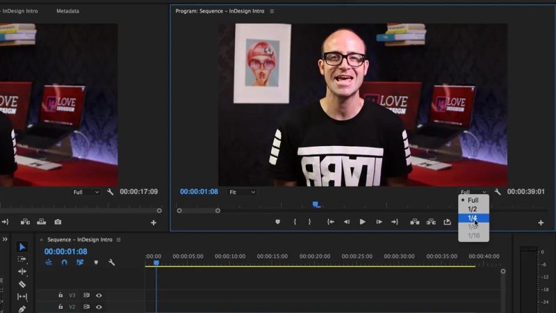 Premiere Pro Program Monitor opening the Playback Resolution dropdown menu and switching from Full to 1/4 resolution to improve playback performance.