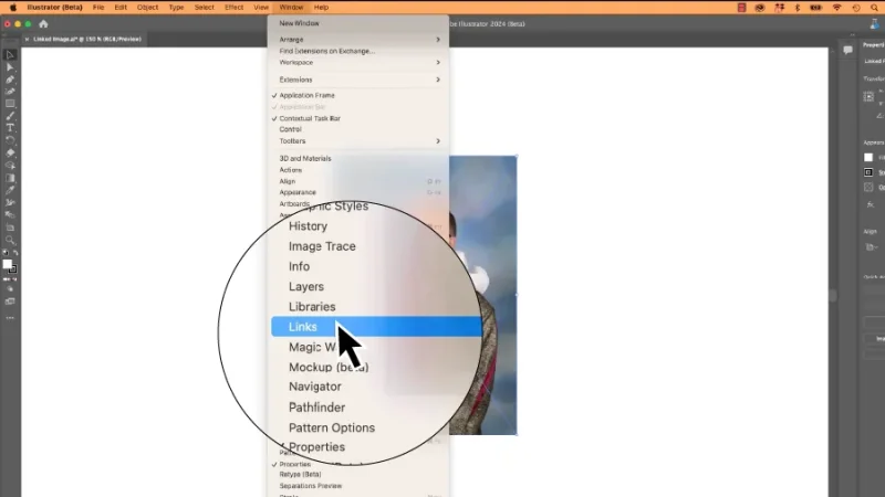 links option highlighted from the Window menu in Illustrator