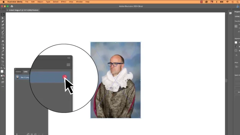 detail of broken link icon in the Links panel in Illustrator