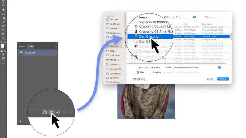 Link button highlighted and directed to the Place window in Illustrator