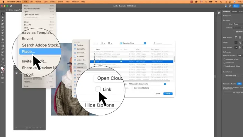 Place command with highlight to the Link checkbox in Illustrator