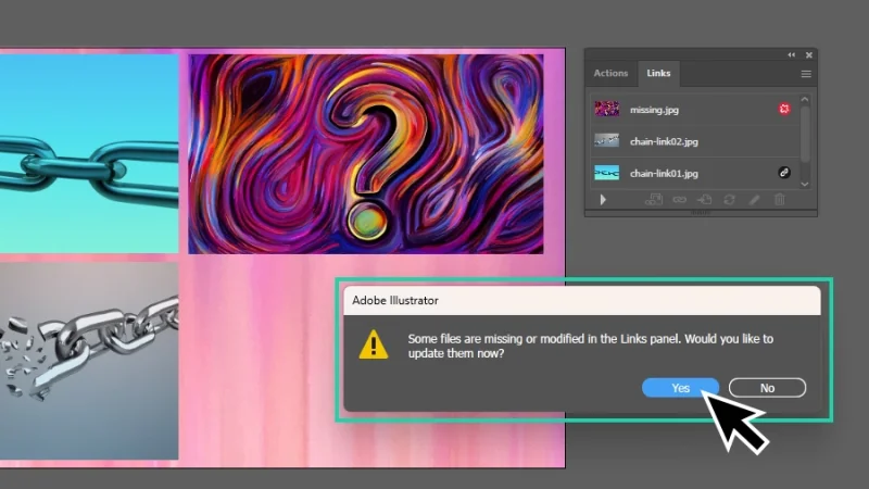 missing link and updates warning window in illustrator