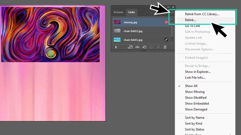 relink options highlighted in the Links panel additional settings menu in illustrator