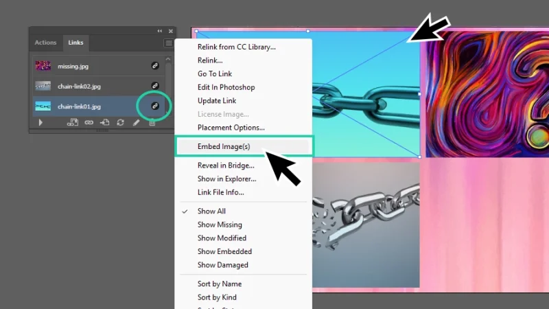 embed images option highlighted in the links panel additional settings menu in illustrator