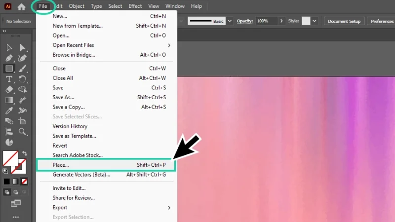 place option highlighted inside the file menu in illustrator