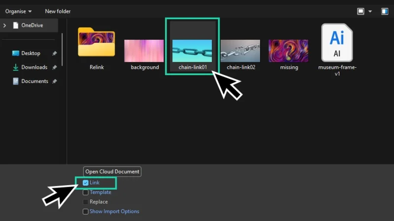 link option highlighted in the place file browse window in illustrator