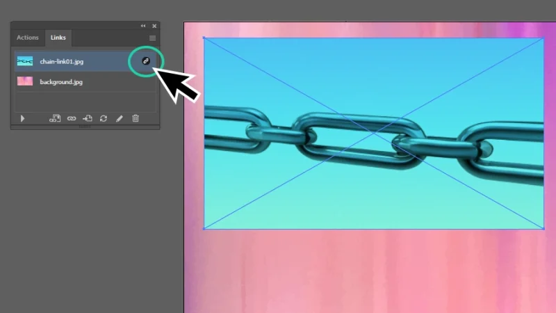 chain link icon identifying linked image inside the links panel in illustrator