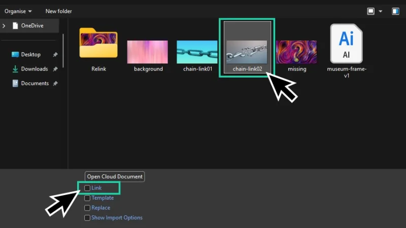 link check box highlighted in the place window in illustrator
