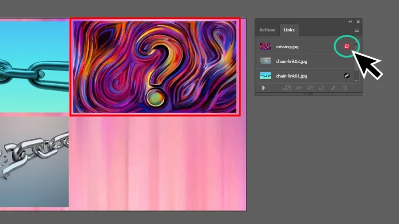 error message for missing link inside the links panel in illustrator