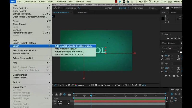 After Effects interface with the File menu navigated down through Export to highlight the 