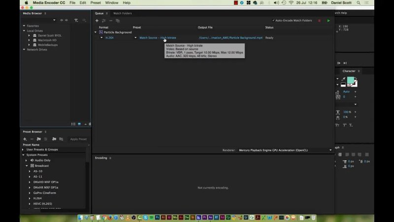 Adobe Media Encoder queue panel showing a composition titled Particle Background queued with H.264 format, Match Source preset details tooltip, and MP4 output destination
