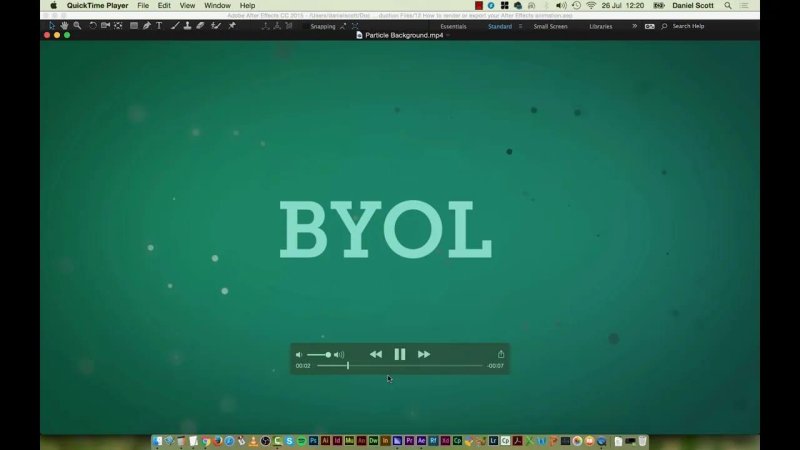 QuickTime Player playback window displaying an exported animation titled Particle Background.mp4 with bold mint-green BYOL lettering centered on a dark teal gradient background.