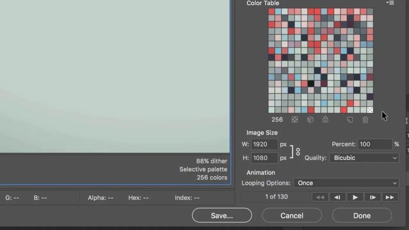 Save for Web export window showing a 256-swatch Color Table grid, 88% dither settings, and image dimensions set to 1920 by 1080 pixels with Bicubic quality.