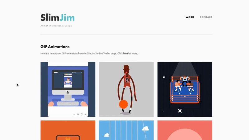 A clean white web portfolio page titled SlimJim with a section titled GIF Animations displaying an illustrated grid of animated characters, including a computer setup, a basketball dribbler, and a boxing ring.