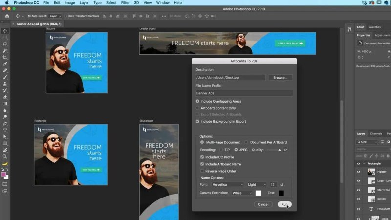 Photoshop workspace displaying four digital ad artboards—Square, Leader Board, Rectangle, and Skyscraper—behind the open Artboards To PDF dialog window