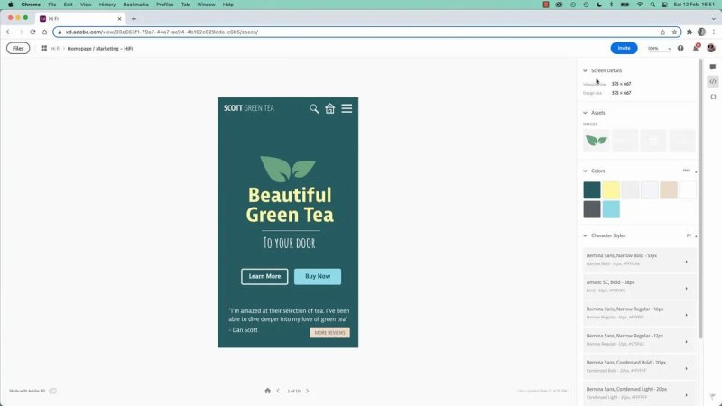 Chrome browser showing an Adobe XD shared design specs link for a 