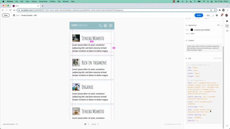 Adobe XD design spec interface highlighting a paragraph beneath the 