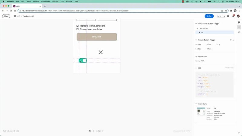 Adobe XD specs viewer displaying a checkout screen section with a green toggle switch component selected, showing group dimensions, CSS layout properties, and tap interaction details in the panel