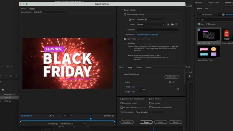 The Premiere Pro Export Settings window open over an Essential Graphics template, showing the Format dropdown set to Animated GIF, output dimensions downscaled to 500 by 281, and a preview of a Black Friday fireworks graphic.