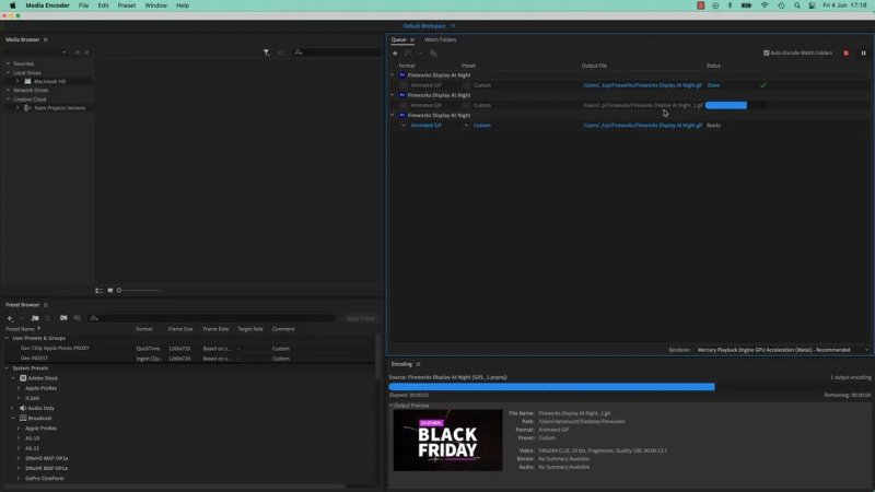The Adobe Media Encoder interface displaying the Queue list with three Animated GIF render jobs for Fireworks Display At Night, with the active item showing progress in the Encoding panel below.